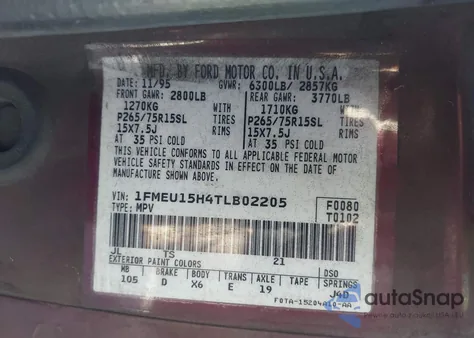 1996 Ford Bronco U100 z USA, uszkodzony, nr VIN 1FMEU15H4TLB02205